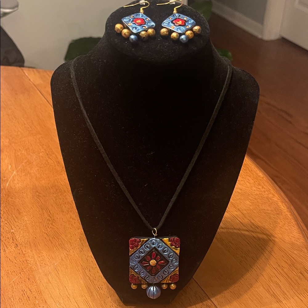 Handmade Folk Art Necklace Earrings Set Blue Red Gold Boho Ethnic Jewelry